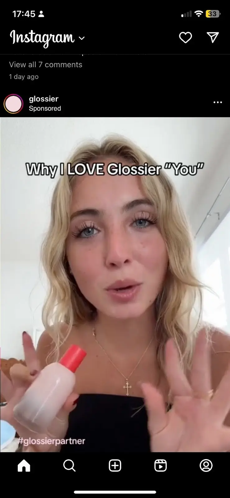 Ingragram Ad from Beauty Brand Glossier featuring influencer-generated content